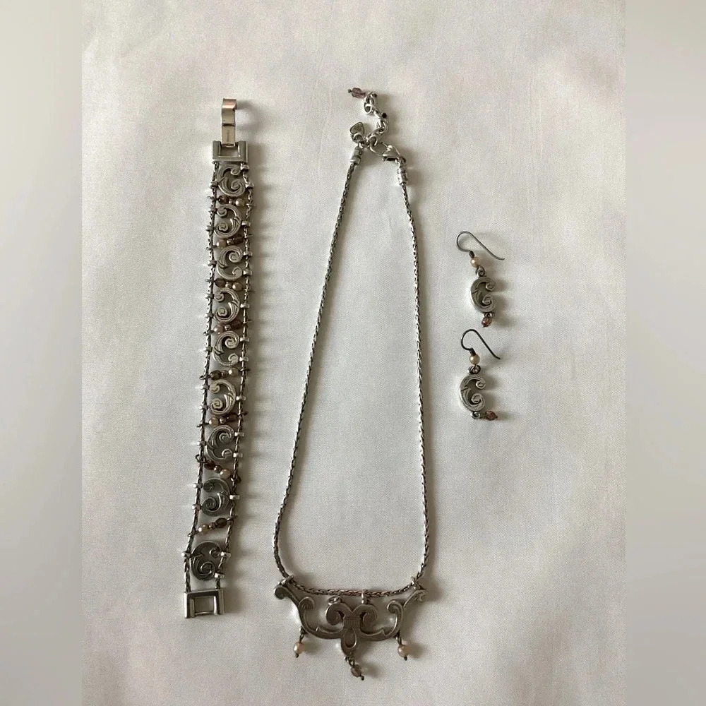 Brighton Vintage Faux Pearl Silver Tone Bracelet, Necklace and Earrings